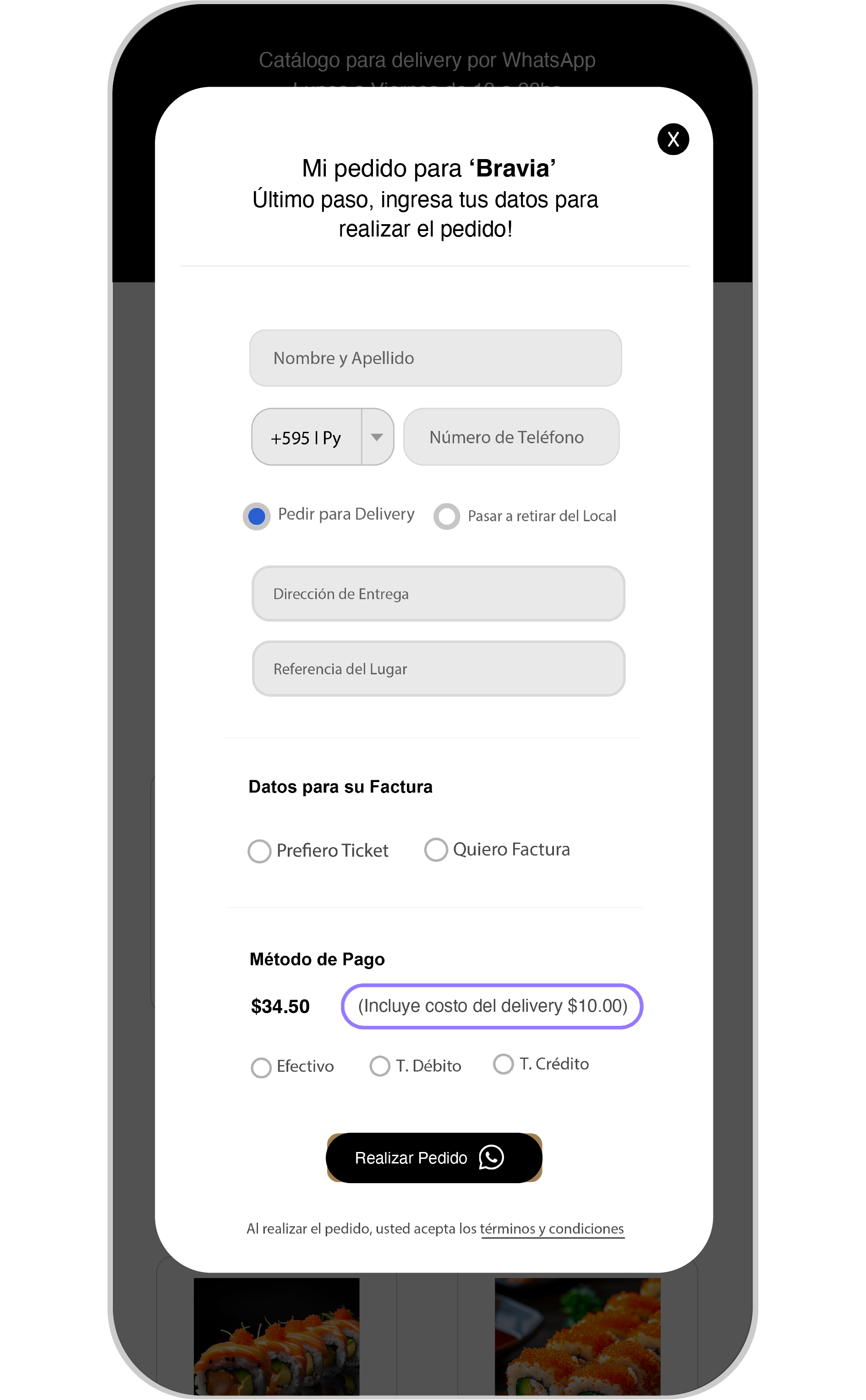 Pantalla de celular mostrando configuración de costo de delivery fijo