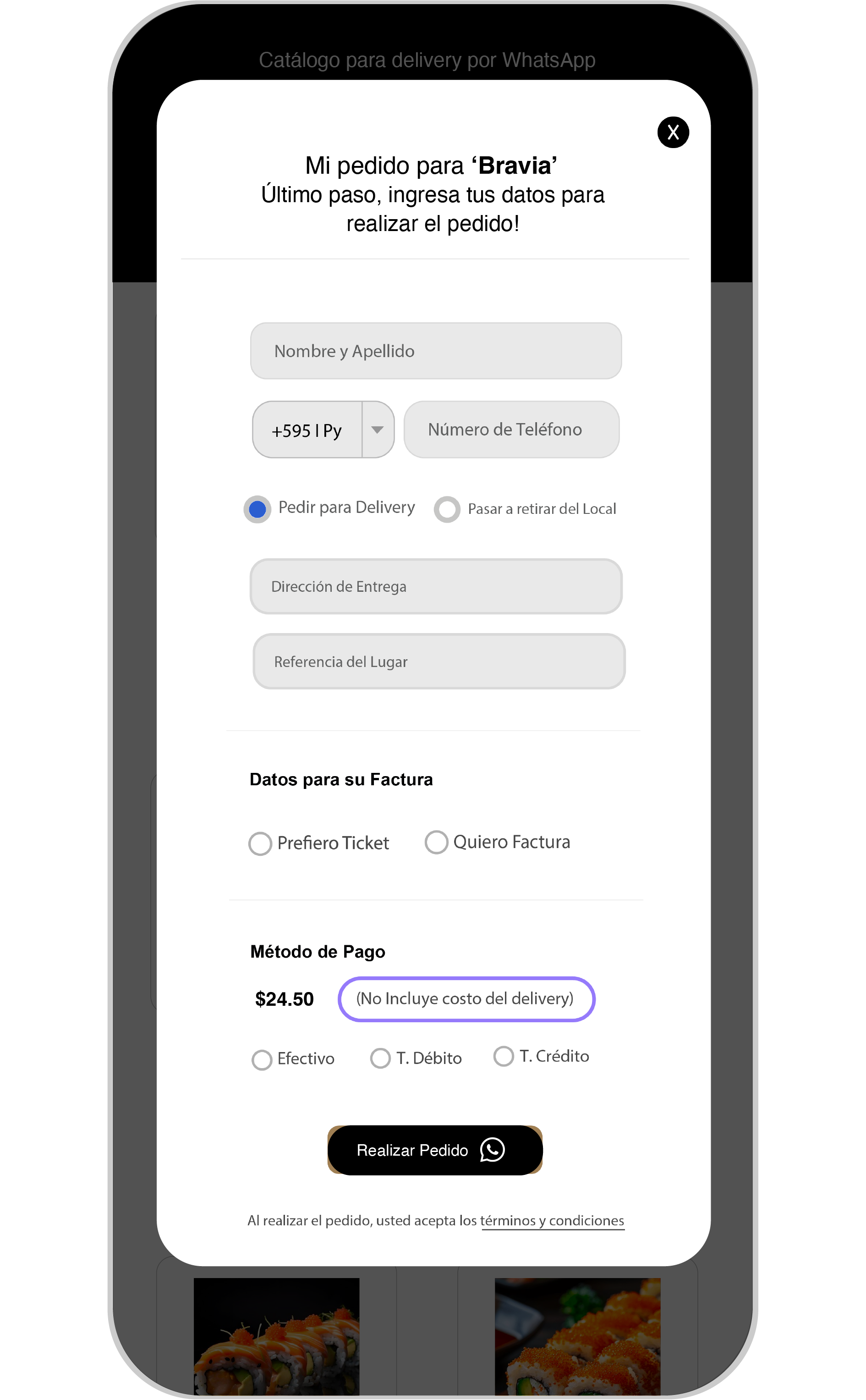 Pantalla de celular mostrando opción de no mostrar costo de delivery