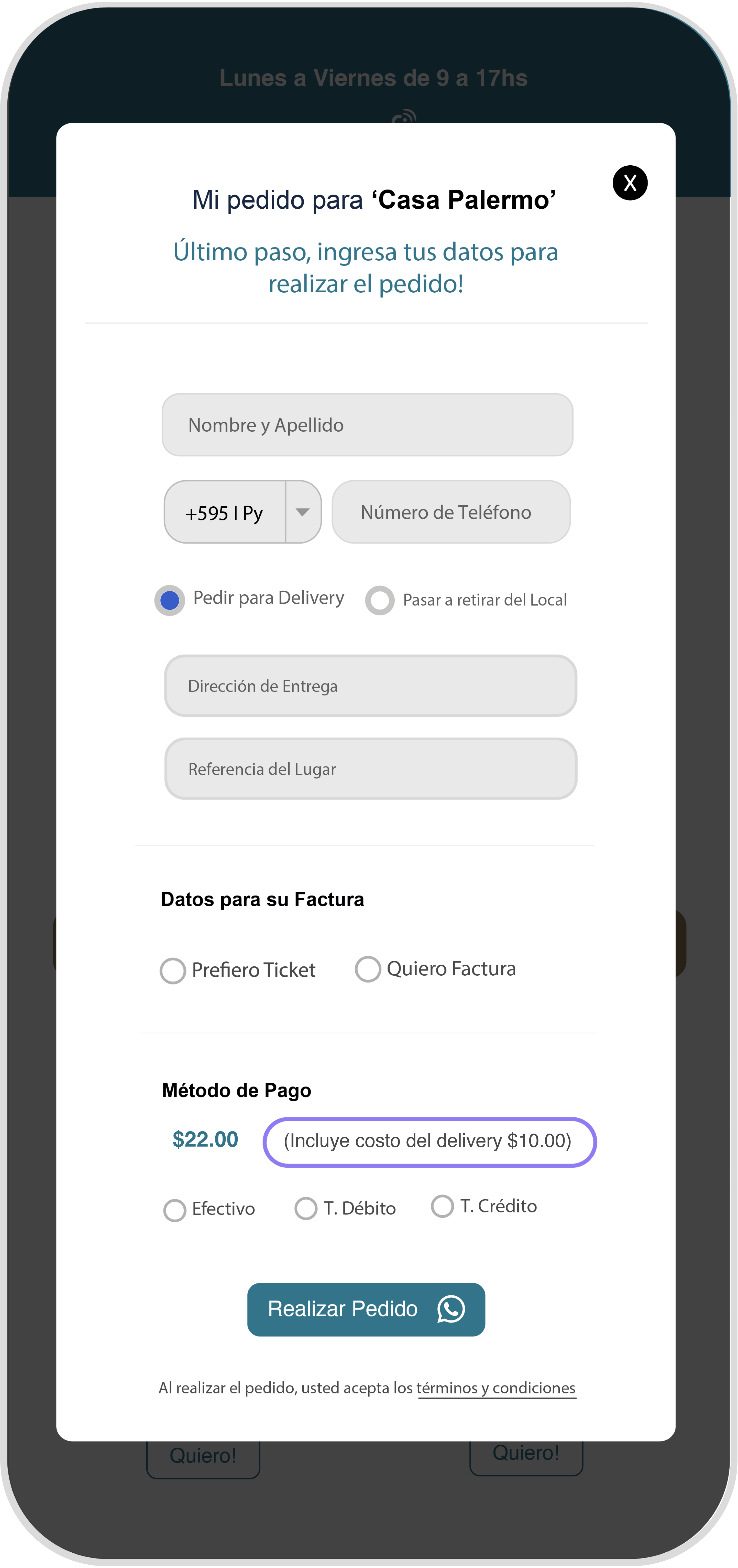 Pantalla de celular mostrando configuración de costo de delivery fijo