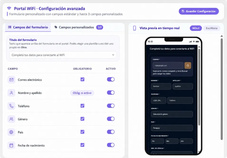 Portal WiFi – configuración avanzada de formularios